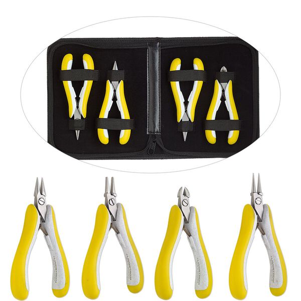 Pliers set, Lindstrom&reg; EX series, flush-cutters / flat-nose / round-nose / chain-nose, steel / rubber / plastic, yellow and grey, 5 to 5-1/4 inches. Sold per 4-piece set. image number 0
