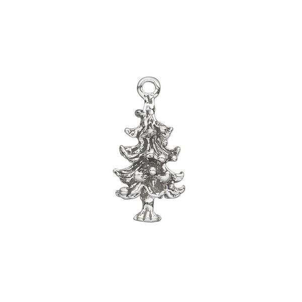 Charm, antiqued sterling silver, 17x10mm 3D pine tree. Sold individually. image number 0