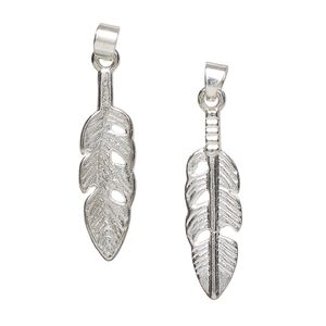 Pendant, silver-finished "pewter" (zinc-based alloy) and steel, 28x8mm-29x9mm double-sided feather. Sold per pkg of 2.