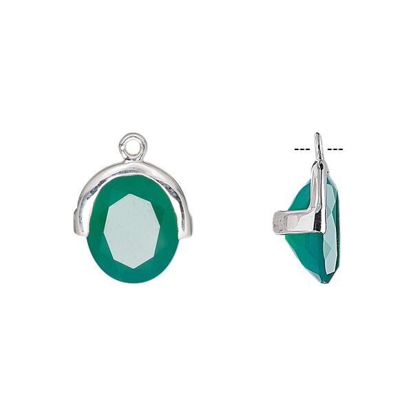 Drop, green onyx (dyed) and sterling silver, 13x12.5mm single-sided faceted oval. Sold individually. image number 0