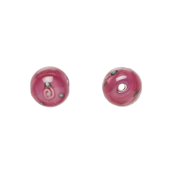 Bead, Czech lampworked glass, opaque pink and green, 10-11mm round with flower design. Sold per pkg of 4. image number 0