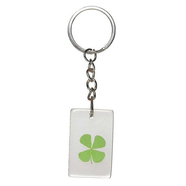 Key ring, resin / 4-leaf clover / nickel-plated steel, clear and green, 39x24mm rectangle. Sold per pkg of 5. image number 0