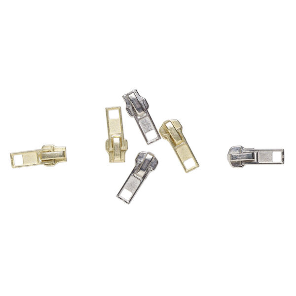 Component mix, gold- / silver-finished "pewter" (zinc-based alloy) / steel, 21x8mm zipper pull. Sold per pkg of 6. image number 1