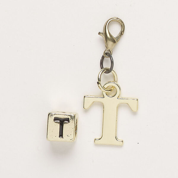 Bead and charm, brass-finished "pewter" (zinc-based alloy) / steel / enamel, black, 7mm cube with alphabet letter "T" and 14x12mm alphabet letter "T" with lobster claw clasp. Sold per pkg of 2. image number 0