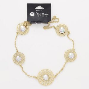 Necklace, glass / gold-finished "pewter" (zinc-based alloy) / steel, clear AB, 30mm and 40mm round, 30-inch continuous loop. Sold individually.