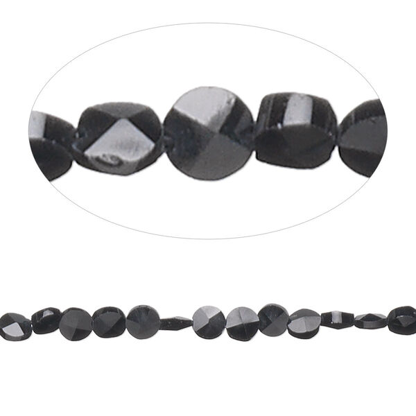 Bead, black spinel (natural), 3-5mm hand-cut faceted flat round, B+ grade, Mohs hardness 8. Sold per 16-inch strand. image number 0