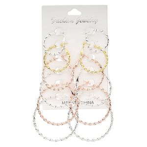 Earring, silver- / copper-plated / gold-finished steel, 24-49mm twisted round hoop with hinged closure. Sold per pkg of 6 pairs.