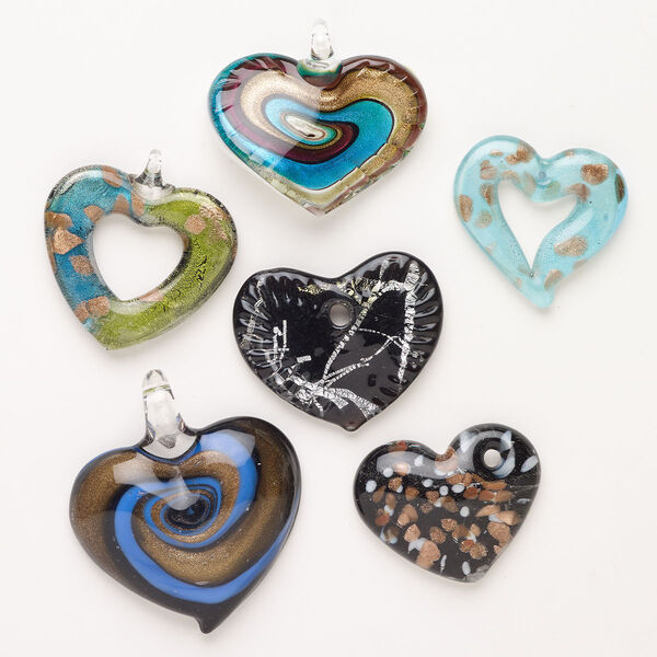 Random focal mix, lampworked glass, opaque mixed colors with silver-colored foil and copper-colored glitter, 38x35mm-54x50mm top-drilled and undrilled mixed heart. Sold per pkg of 3. image number 0