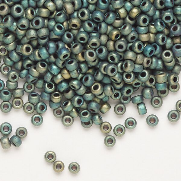 Seed bead, Miyuki, glass, pkg/250g, #8 rocaille, opaque matte metallic iris green patina (RR-2067). image number 0