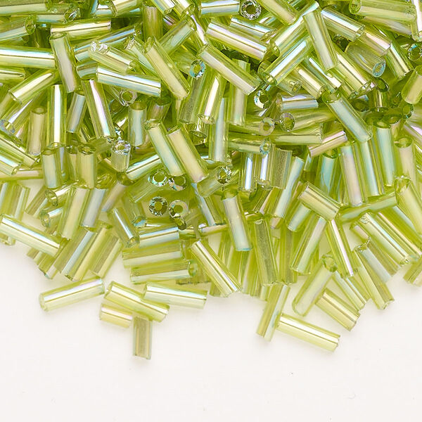 Bead, Ming Tree™, bugle bead, glass, pkg/1/4 pound, 1/4 inch, rainbow transparent grass green. image number 0