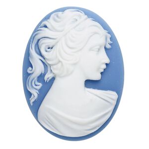 Cabochon, acrylic, white and blue, 40x30mm non-calibrated oval cameo with woman. Sold individually.
