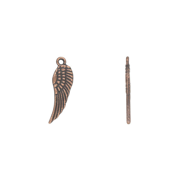 Charm, antique copper-plated "pewter" (zinc-based alloy), 15x5mm double-sided wing. Sold per pkg of 50. image number 0