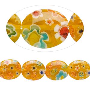 Bead, millefiori glass, translucent orange and multicolored, 12x10mm puffed oval. Sold per 15-inch strand, approximately 20 beads.
