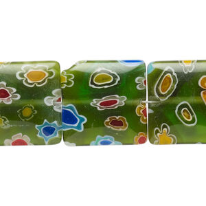 Bead, millefiori glass, translucent green and multicolored, 17x17-19x18mm puffed square with flower design. Sold per 14-inch strand.