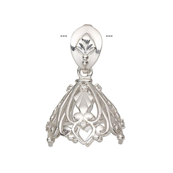 Bail, cubic zirconia and rhodium-plated sterling silver, clear, 19x17.5mm cone with inside cross bar and bail with fan design. Sold individually. image number 0