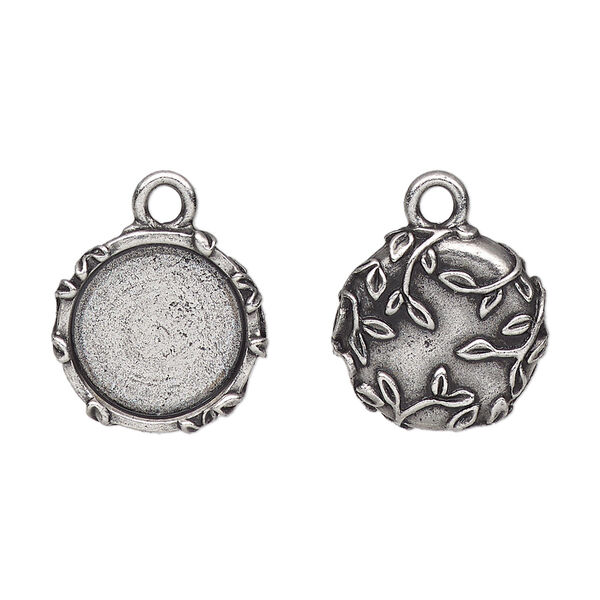 Drop, TierraCast®, antique silver-plated pewter (tin-based alloy), 16mm round with leaf design, 12.5mm cabochon setting. Sold per pkg of 20. image number 0