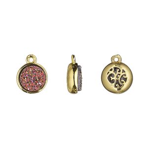 Drop, Druzylite™, "druzy" (resin) and gold-finished brass, metallic purple, 9.5mm two-sided round with open filigree back. Sold per pkg of 4.