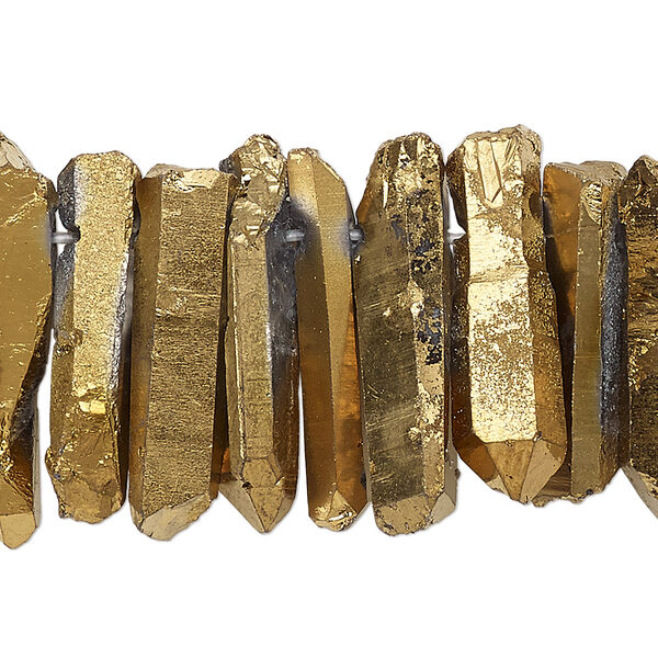 Bead, quartz crystal (coated), gold, 25x4mm-35x10mm hand-cut top-drilled electroplated natural point, B grade, Mohs hardness 7. Sold per 4-inch strand. image number 0
