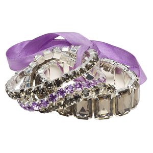 Bracelet, stretch, acrylic rhinestone / satin / silver finished-brass, smoke grey / lavender / purple, (3) 6mm and (1) 18mm wide cupchain, 6-1/2 to 7 inches. Sold per 4-piece set.