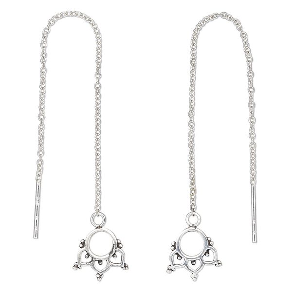 Ear thread, Create Compliments®, sterling silver, 3 inches with 10x9.5mm fancy design. Sold per pair. image number 0
