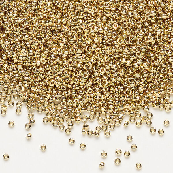 Seed bead, Miyuki, glass, pkg/4g, #15 rocaille, opaque 24Kt gold-plated light, (RR-193). image number 0