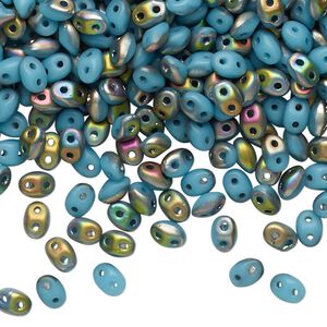 Bead, Preciosa Twin™, Pressed Twin, Czech pressed glass, matte turquoise blue vitrail, 5x2.5mm oval with 2 holes. Sold per 10-gram pkg.