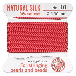 Thread, Griffin, silk, red, size #10. Sold per 2-meter card (approximately 78 inches).