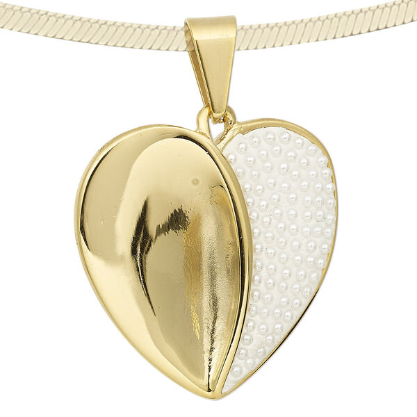 Pendant, epoxy / glass pearl / gold-finished stainless steel, white, 35x35mm heart. Sold individually. image number 0