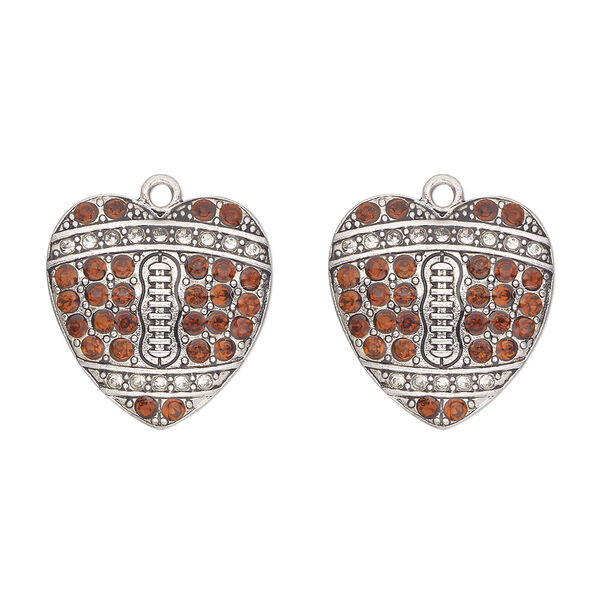 Charm, antique silver-finished "pewter" (zinc-based alloy) and glass, clear and brown, 23x22mm single-sided heart with "football pattern". Sold per pkg of 2. image number 0