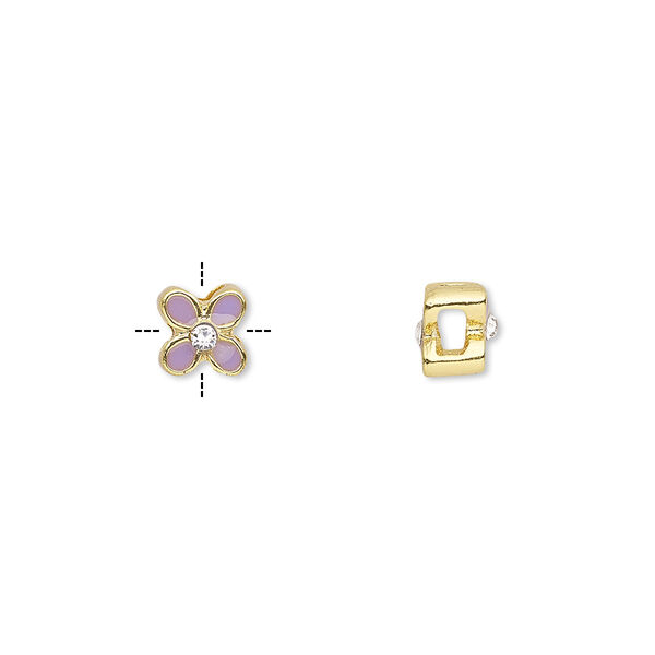 Bead, epoxy / glass rhinestone / gold-finished "pewter" (zinc-based alloy), purple and clear, 6x6mm cross-drilled double-sided flower with 2mm hole. Sold per pkg of 4. image number 0