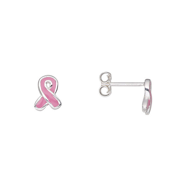 Earstud, sterling silver and enamel, pink, 8.5x6.5mm breast cancer awareness ribbon with post. Sold per pair. image number 0