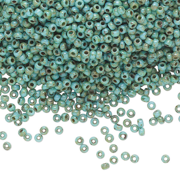 Seed bead, Miyuki, glass, pkg/25g, #11 rocaille, opaque Picasso turquoise blue, (RR-4514). image number 0