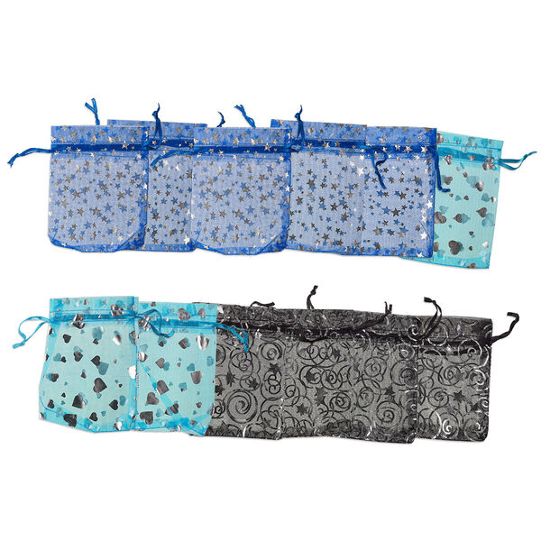 Pouch, organza, blue / turquoise blue / black, 4-1/2 x 3-1/4 inches with mixed silver patterns and drawstring closure. Sold per pkg of 12. image number 0