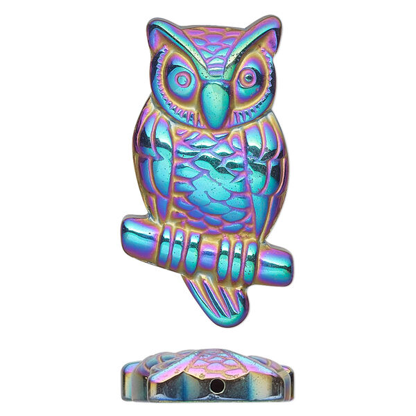 Focal, electroplated Hemalyke™ (man-made), rainbow, 32.5x18mm half-drilled owl. Sold individually. image number 0