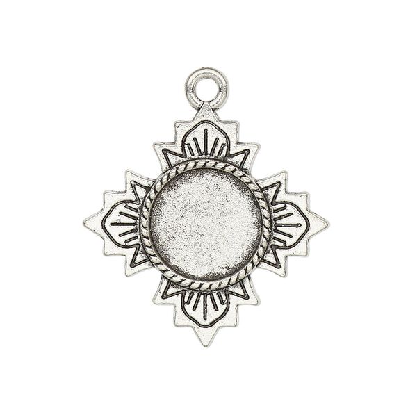 Drop, glue-in, antique silver-finished "pewter" (zinc-based alloy), 26mm single-sided flower with 12mm round setting. Sold per pkg of 2. image number 0
