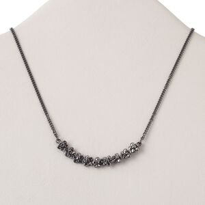 Necklace, gunmetal-finished "pewter" (zinc-based alloy), steel and brass with acrylic rhinestone, black, 57x19mm curve, 16 inches with 3-inch extender chain and lobster claw clasp. Sold individually.