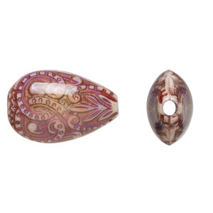Bead, acrylic, multicolored, 23x15.5mm color-changing puffed teardrop with fancy design. Sold per pkg of 2.