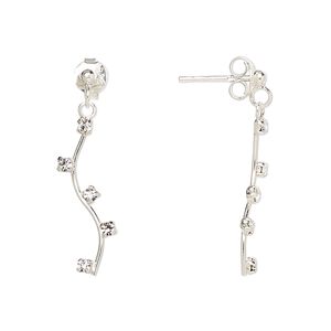 Earstud, Create Compliments®, sterling silver and crystal, clear, 26.5mm vine. Sold per pair.