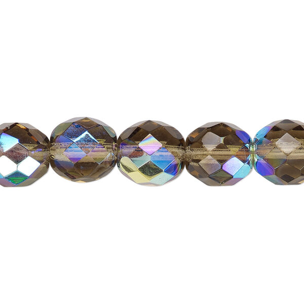 Bead, Czech fire-polished glass, smoke AB, 10mm faceted round. Sold per 15-1/2" to 16" strand. image number 0