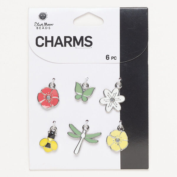 Charm assortment, silver-finished "pewter" (zinc-based alloy) / glass / enamel, multicolored, 12x9mm-19x16mm nature theme. Sold per pkg of 6. image number 0