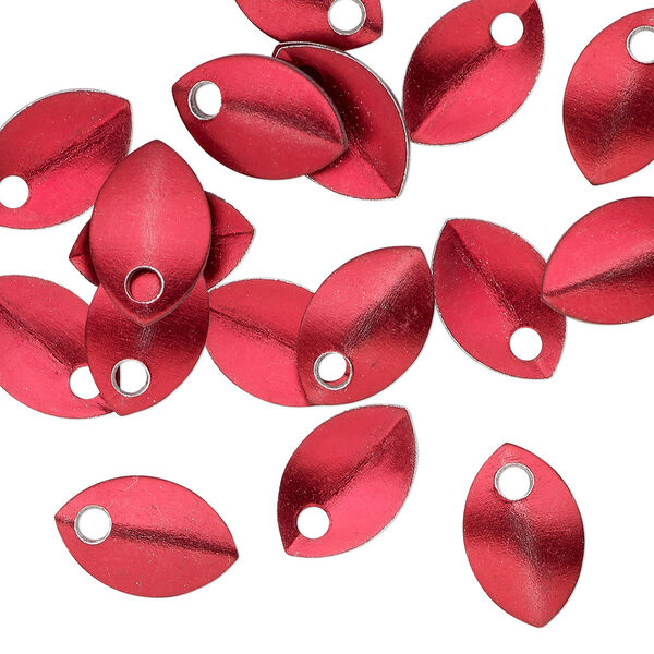 Component, anodized aluminum, red, 11x7mm 2-sided curved scale blank with 1.5mm hole, 20 gauge. Sold per pkg of 20. image number 0