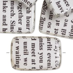Bead, wood / newspaper / acrylic, white and black, 30x20mm double-sided flat rectangle with phrase in English. Sold per pkg of 8.