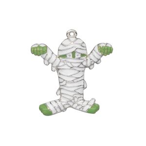 Charm, silver-plated "pewter" (zinc-based alloy) and enamel, white and green, 25x23mm single-sided mummy. Sold individually.