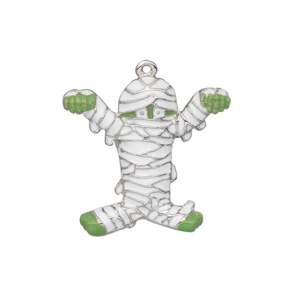 Charm, silver-plated "pewter" (zinc-based alloy) and enamel, white and green, 25x23mm single-sided mummy. Sold individually. image number 0