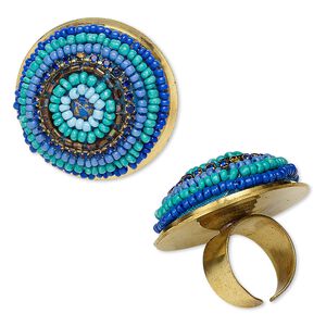 Ring, lapis (imitation) / glass / cotton / brass / steel, metallic multicolored, 40mm round with cupchain, adjustable. Sold individually.