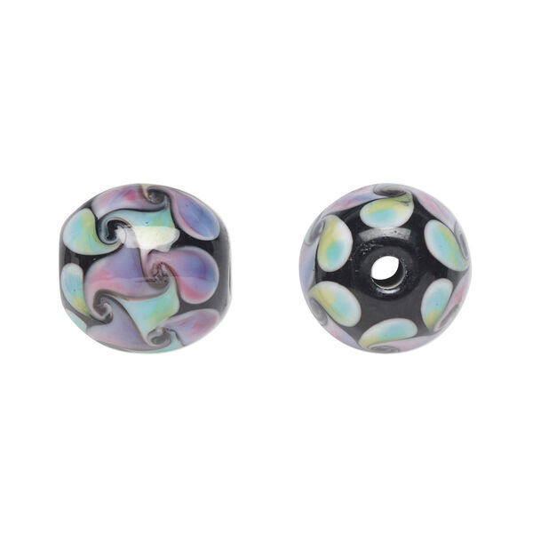 Bead, lampworked glass, opaque multicolored, 14mm round with swirl design. Sold per pkg of 2. image number 0