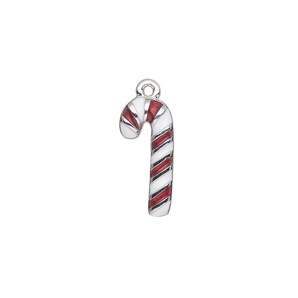 Charm, silver-plated "pewter" (zinc-based alloy) and enamel, red and white, 17.5x8mm single-sided candy cane. Sold individually. image number 0