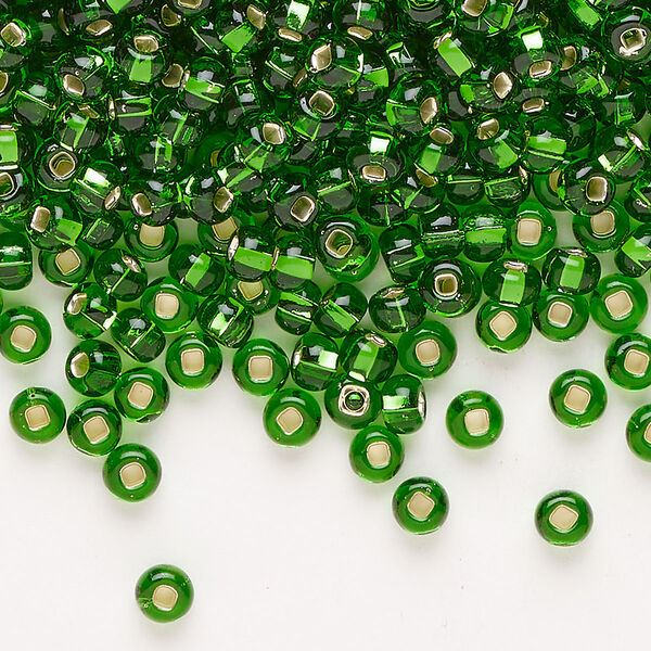 Glass 1pkg1, square hole round seed bead translucent silver-lined green #6 100g image number 0
