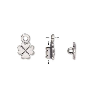 Crimp end, antique silver-plated brass, 8mm 4-leaf clover with loop, 2mm inside diameter. Sold per pkg of 2.