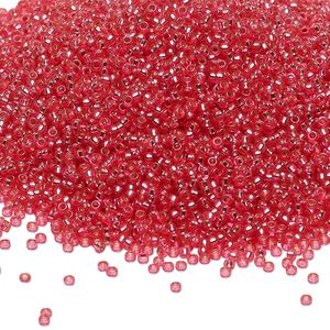 Seed bead, Miyuki, glass, pkg/35g, #15 rocaille, Duracoat® transparent silver-lined hibiscus, (RR-4266).